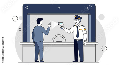 Temperature check security process with officer using infrared thermometer scanner