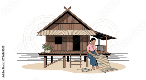 Traditional weaving in a stilt house a cultural heritage illustration of southeast asia