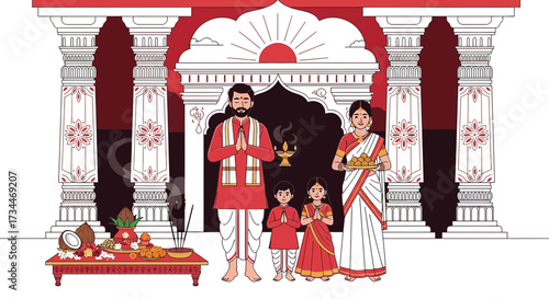Traditional indian family celebrating a hindu festival with temple background illustration