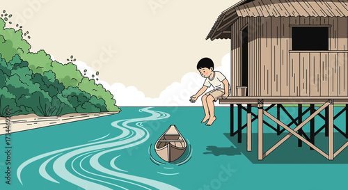 Tranquil illustration of a boy by a stilt house with a boat on the water landscape