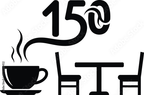 Cafe 150 logo with coffee cup table and chairs