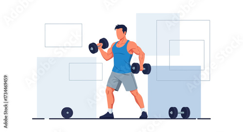 Vector illustration featuring a muscular man lifting dumbbells with geometric shapes background