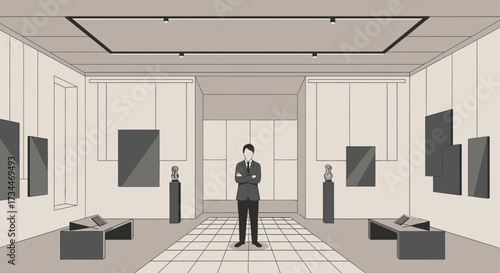 Vector illustration of a confident businessman in an art gallery ready for investment or
