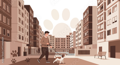 Vector illustration of a man walking his dog in the city, promoting pet ownership in urban