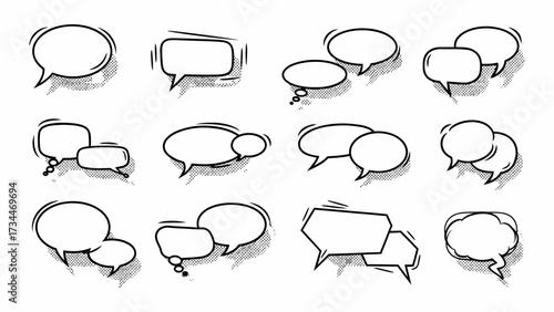 Set of hand-drawn comic speech bubbles with shadows for dialogue and communication concepts