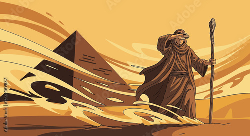 Wanderer in the Desert with Pyramid Background, Seeking Direction and Adventure