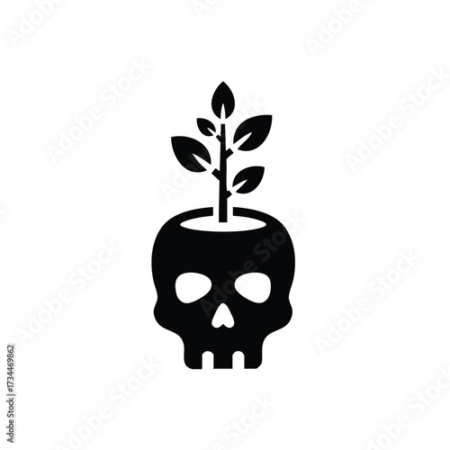 Black skull-shaped planter with a small plant growing out of the top, symbolizing life and death in a minimalistic style