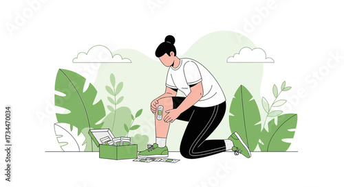 Woman applying bandage to knee with first aid kit in a nature setting illustration