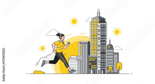 Woman enjoys a morning run in the city listening to music with cityscape view illustration