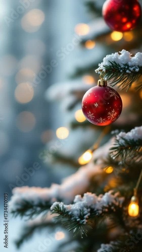 Festive christmas tree decorated with red ornaments and snow