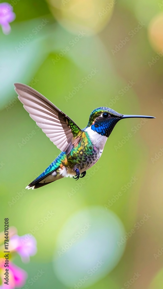 Fototapeta premium Vibrant hummingbird in flight, soft-focus bokeh background
