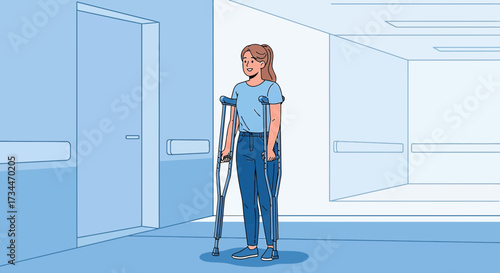 Woman recovering walking with crutches in hospital corridor for injury rehab illustration