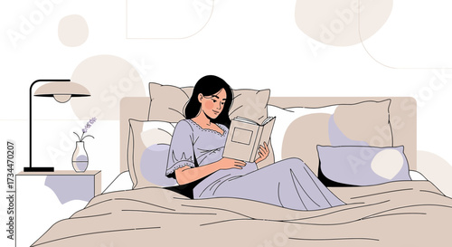Woman Reading a Book in Bed Illustration Showing Relaxation and Comfortable Lifestyle