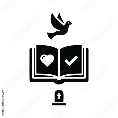 Open book with heart and checkmark symbols, a dove flying above, and a cross on a stand, representing faith, love, and spirituality