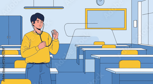 Worried student doctor with stethoscope in empty classroom preparing for examination