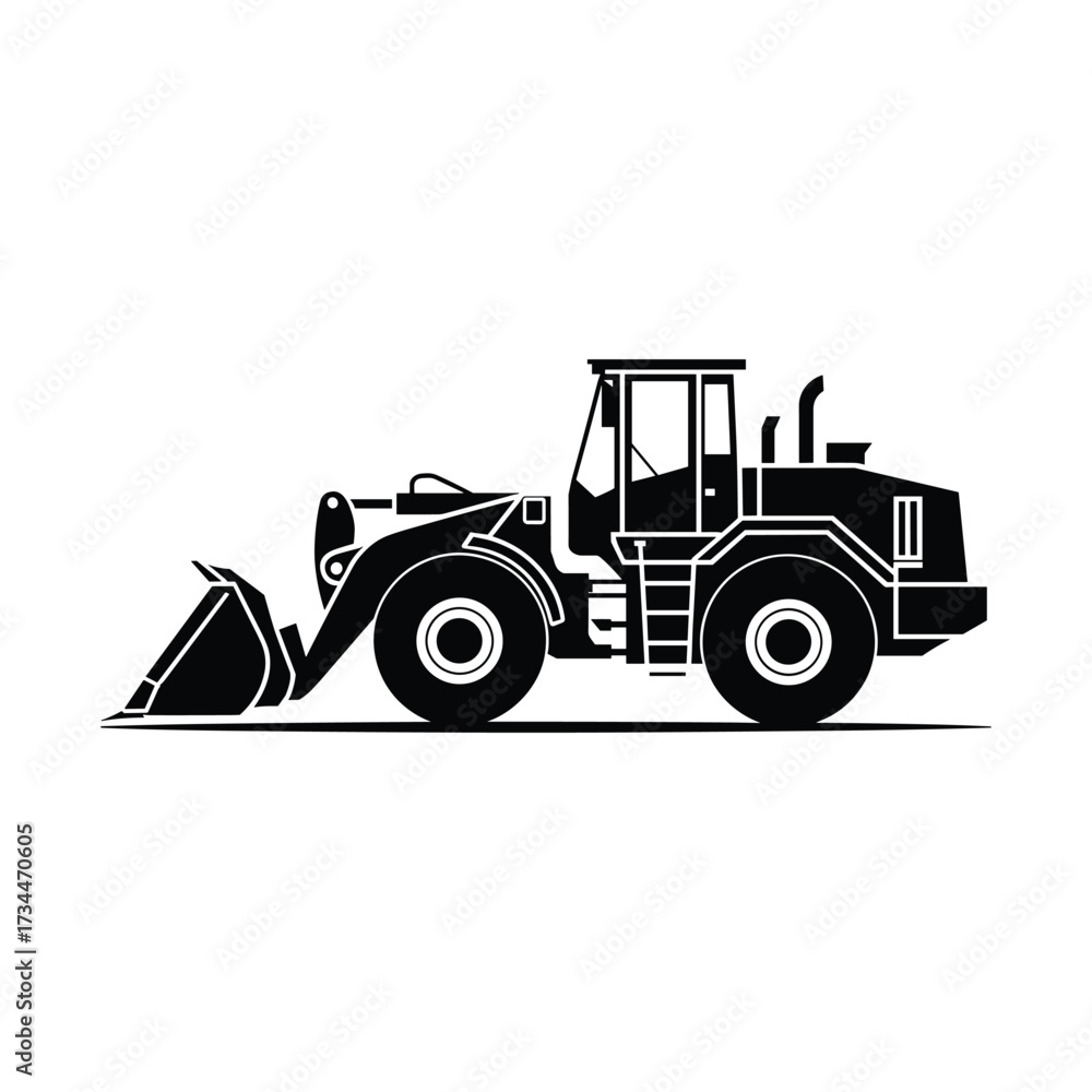 Naklejka premium Black silhouette of a front-end loader construction vehicle on white background Keywords