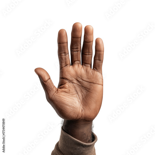 Open palm raised against black background with red and white accents isolated on a transparent background