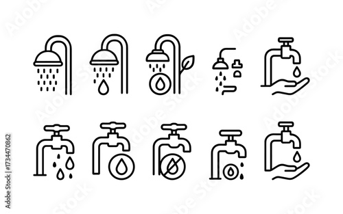 A clear and minimalist icon set dedicated to water conservation and eco-friendly water usage.