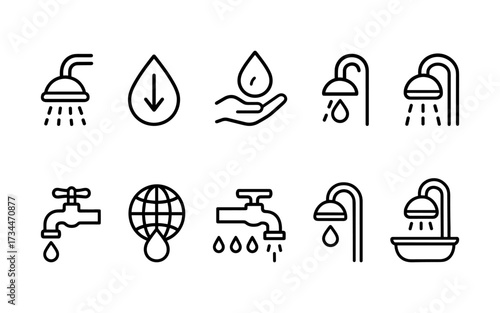 A clear and minimalist icon set dedicated to water conservation and eco-friendly water usage.
