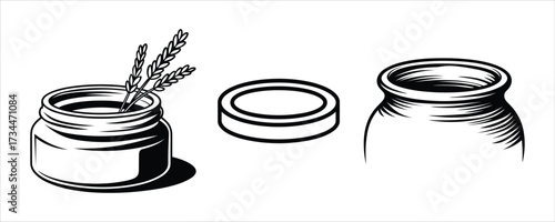 Minimalist black and white illustration of jars and lavender sprigs
