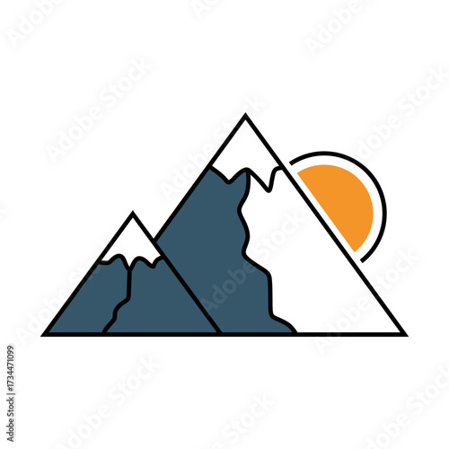 Vector illustration featuring a serene mountain landscape with snow-capped peaks and a vibrant sun, depicting tranquility and outdoor adventure in a clean, modern design