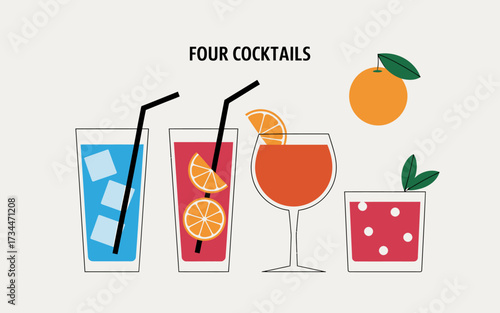 Four cocktail illustration set for summer drinks and party designs