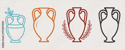 Set of Amphora Icons in Various Styles and Colors Outlined Design