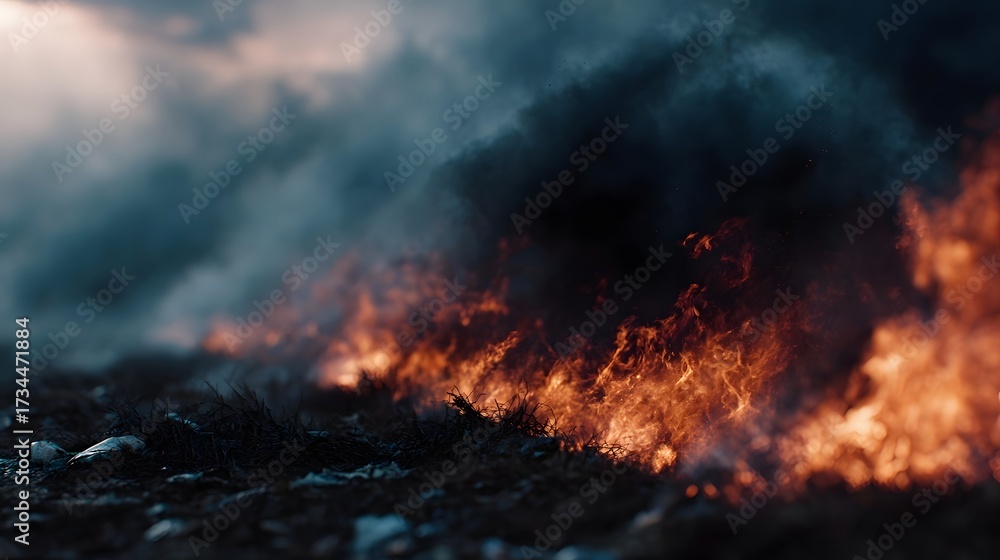 Fototapeta premium A close up view of intense flames burning dry grass and emitting thick dark smoke creating a dramatic and hazardous scene