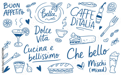 Hand drawn italian food elements with bella lettering design
