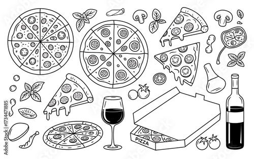 Hand drawn pizza set with ingredients and wine in black and white