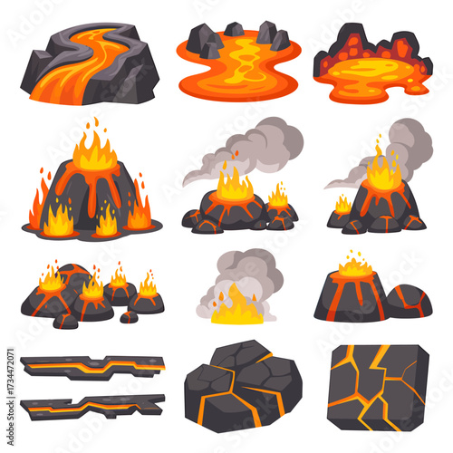 Cartoon volcano eruption with lava and smoke vector illustration set