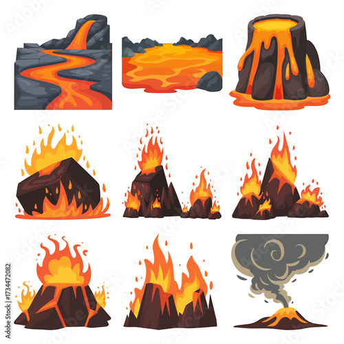Cartoon volcano eruption with lava and smoke vector illustration collection