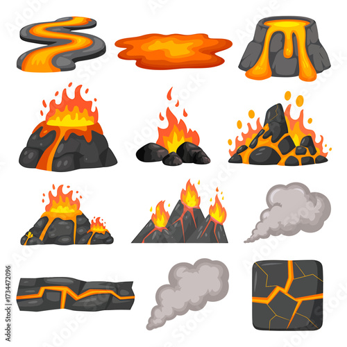 Cartoon volcano eruption with lava and smoke vector illustration elements