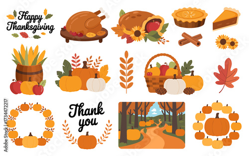 Thanksgiving elements collection with turkey, pumpkin, pie and cornucopia