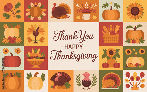 Thanksgiving background with pumpkins, turkey and sunflowers in flat design