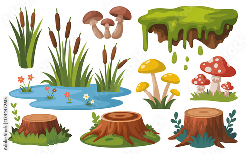 Set of cartoon forest elements with mushrooms, stumps and pond