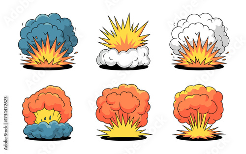 Cartoon explosion effect set, comic boom cloud with fire and smoke