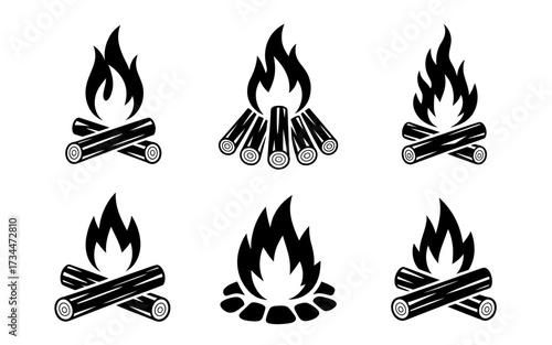 Set of black and white bonfire with flame and firewood vector design