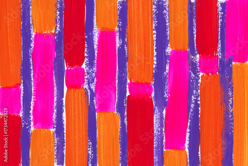 Colorful painting background with vertical stripes - orange, red, pink, violet. Different colors acrylic paint brush lines. Pattern texture on horizontal canvas.