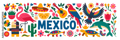 Bright mexico banner with flamingo, parrot, toucan, guitar, cactus vector