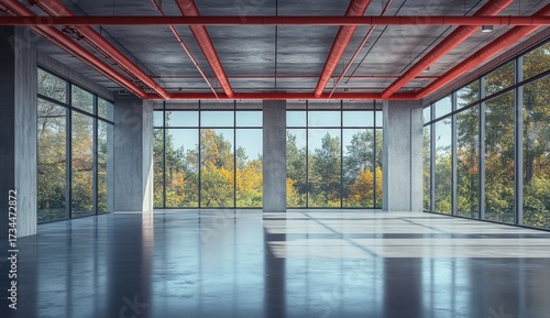 Modern, empty room with large windows offering a scenic view of a vibrant fall forest