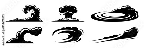 Set of dark smoke and cloud illustrations in various shapes