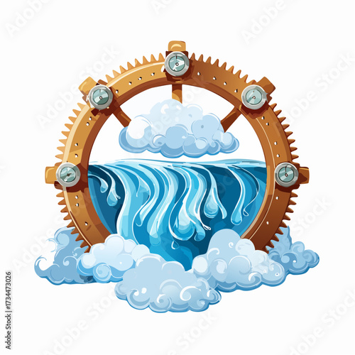 Steampunk Mechanism with Clouds and Flowing Water Illustration on White Background