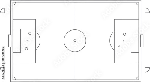 Vector art of topdown view of a soccer field diagram with goals, center circle, and penalty areas