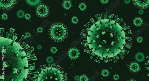 Vector art of microscopic view of green coronavirus particles floating in a dark environment, representing a viral infection or pandemic