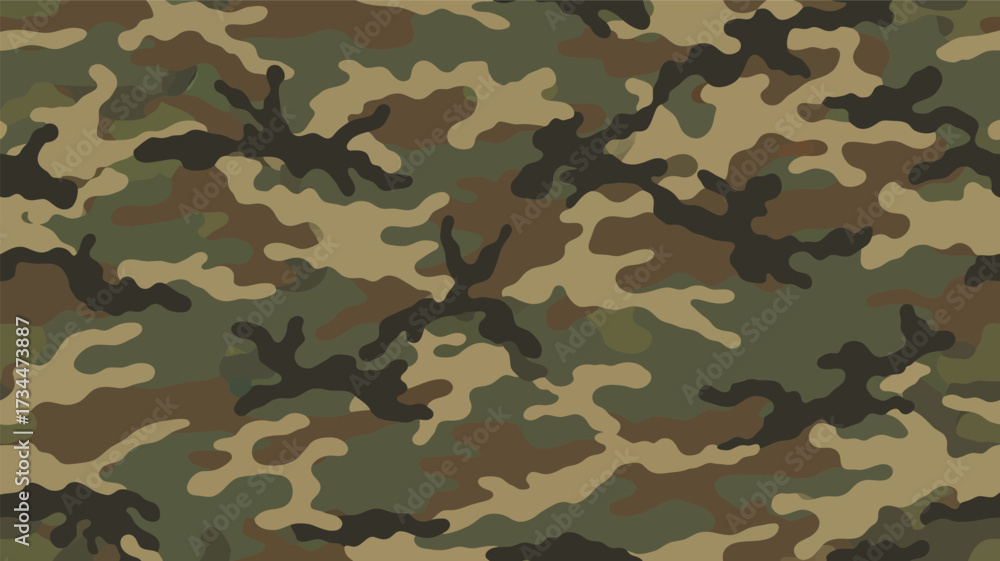 Fototapeta premium Military camouflage seamless pattern, woodland camo vector background, olive green and khaki tactical fabric texture for hunting and army apparel