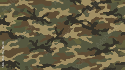 Vector art of a classic woodland camouflage pattern featuring irregular shapes in shades of green, brown, and black, designed for concealment in natural environments