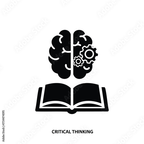 Open book with a brain and gears symbolizing critical thinking, knowledge, and mental processes for learning and problem-solving