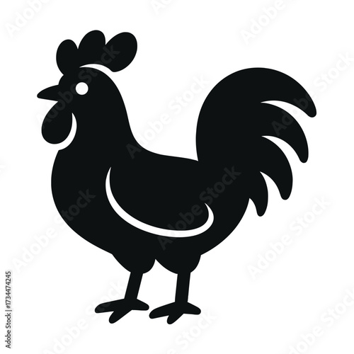 Silhouette of a rooster with prominent tail and crest on white background