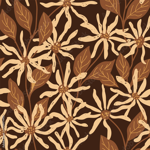 Floral brush strokes seamless pattern design. American witch hazel flowering branch and hamamelis virginiana flowers. Cosmetic and medical plant.